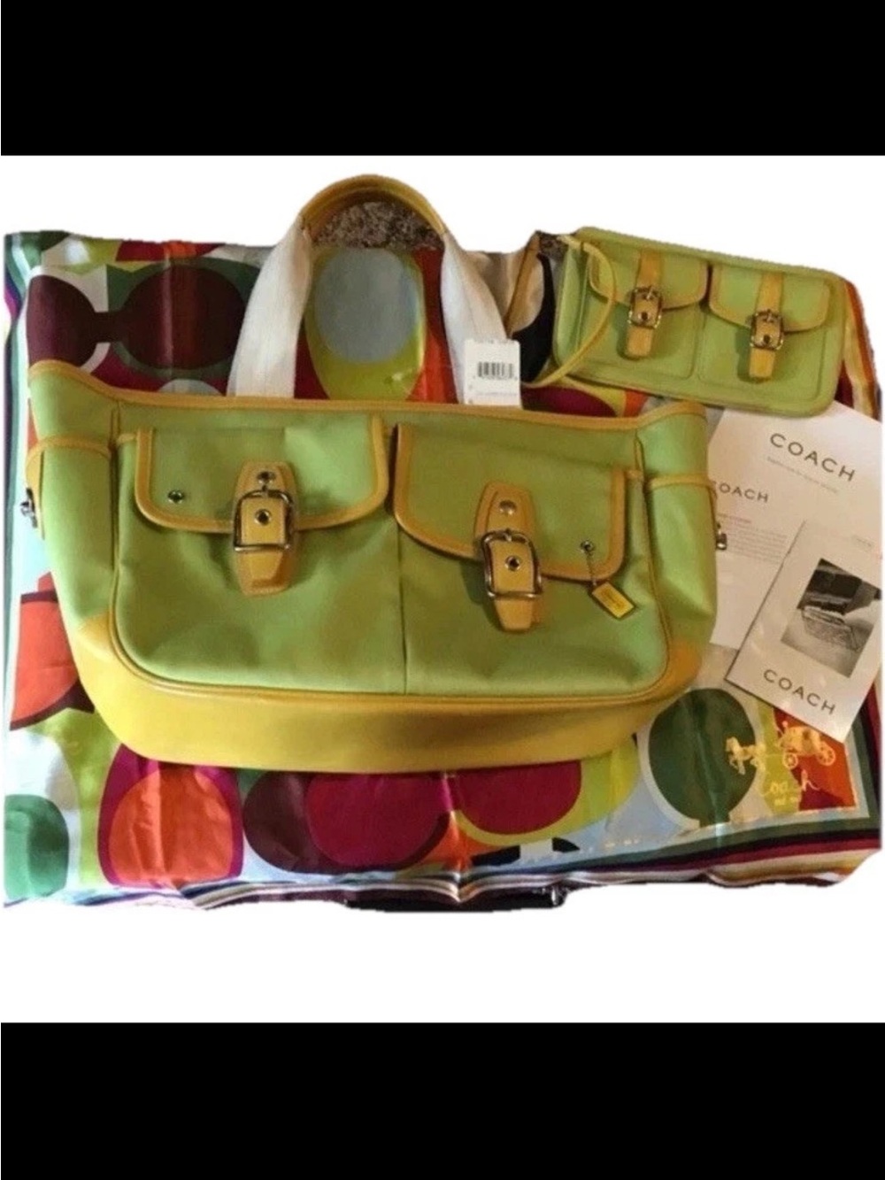 Coach Garden Tote Bag & Wallet Set Lime Canvas,Yellow Leather Trim VINTAGE  2004